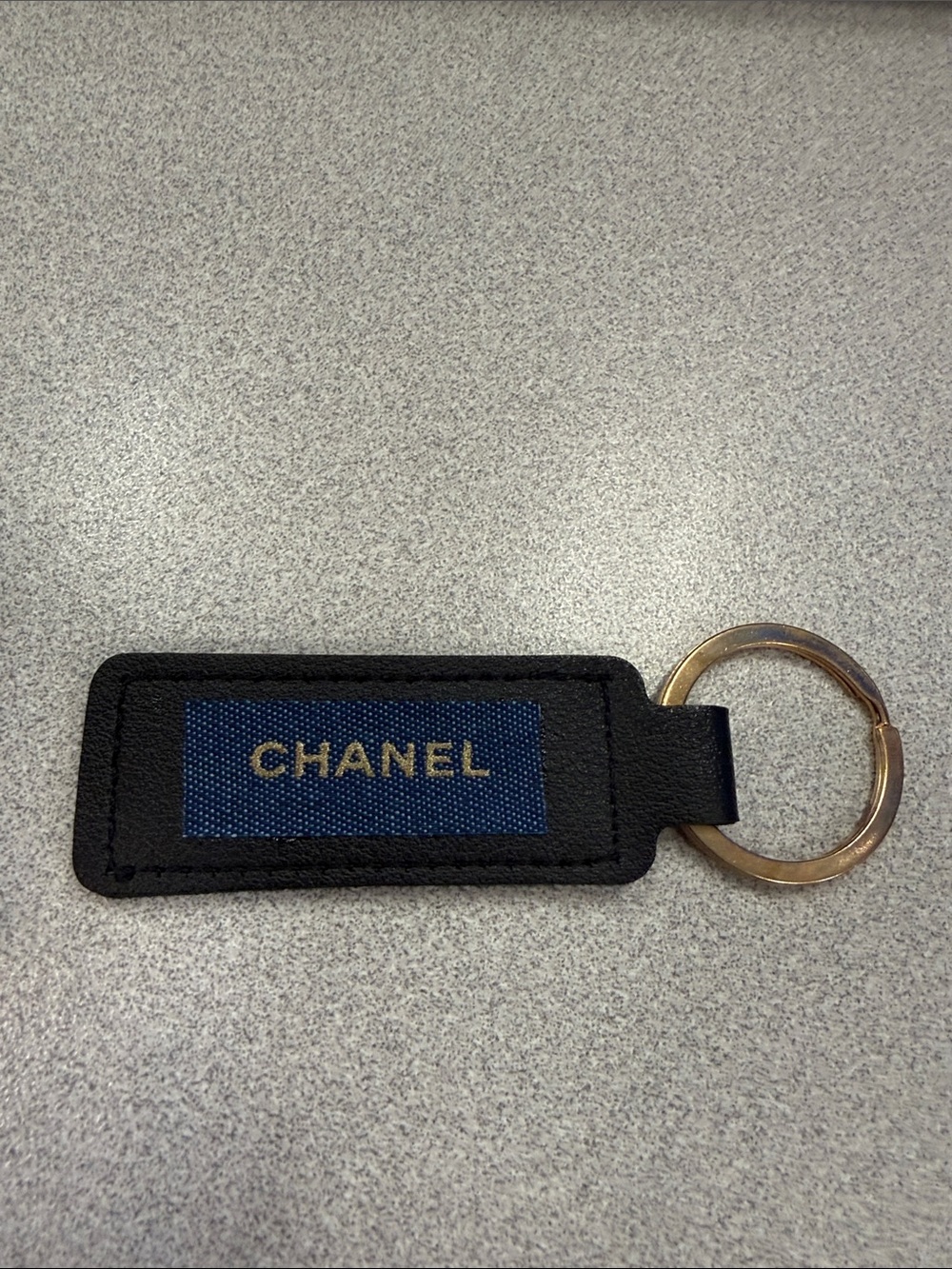 Monogram upcycled denim ribbon black Leather Keychain with Gold Ring